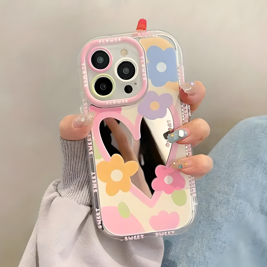 Protector con Espejo de Corazón y Diseño de Flores "Spring Vibe" — Compatible con iPhone 14 Pro Max