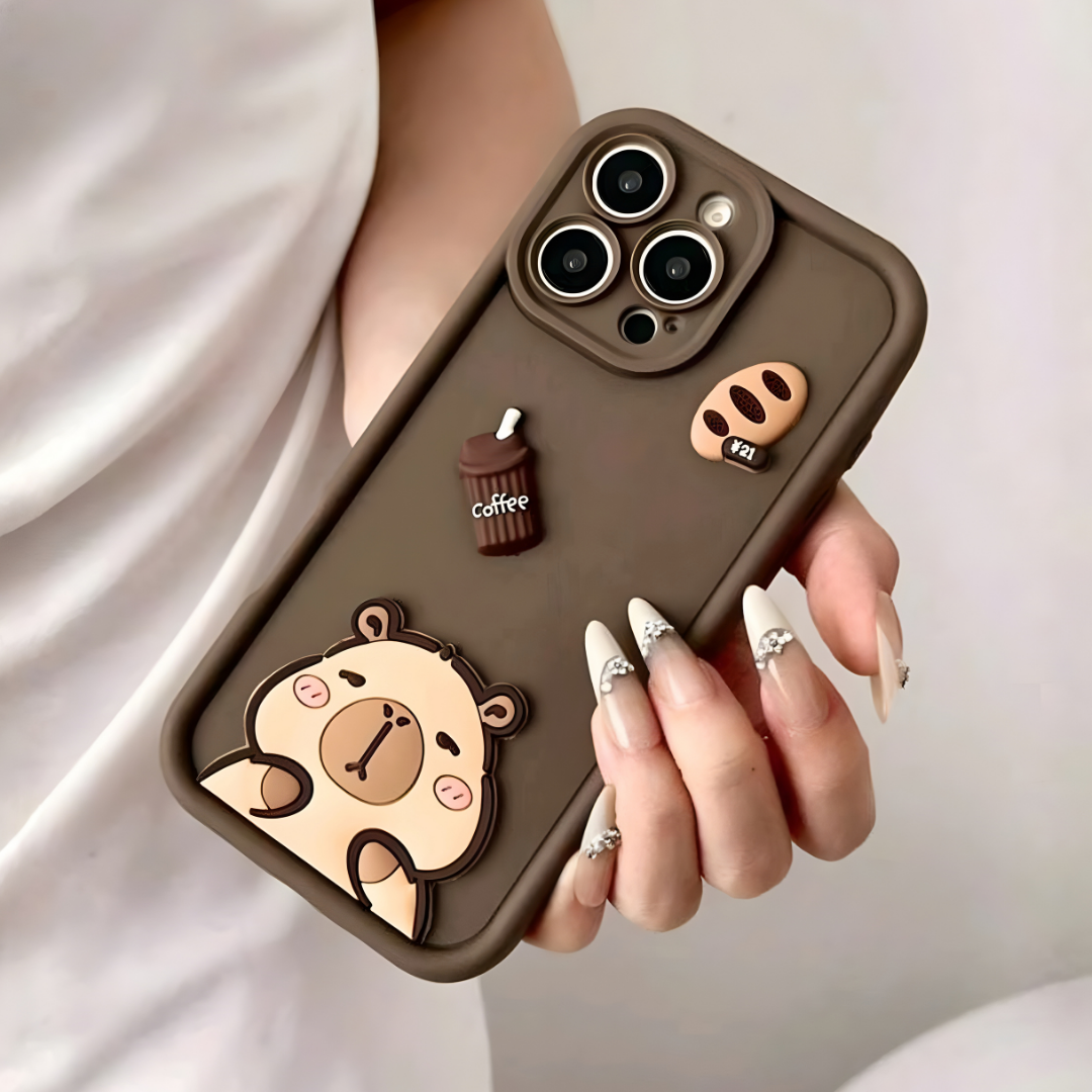 Protector Capibara & Coffee| Diseño 3D en Tono Café | Compatible para iPhone 15 Pro