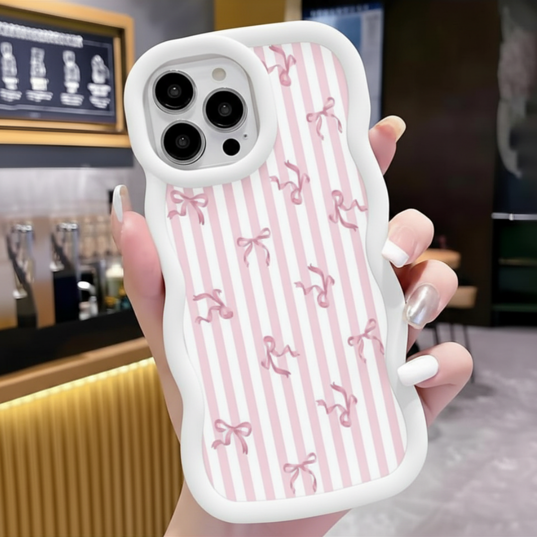 Case "Candy Stripes" | Protector Wavy con Estampado de Lazos Rosas